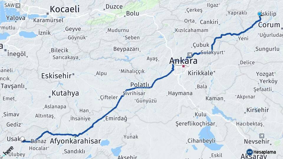 Çorum İskilip Uşak Arası Kaç Km - Yol Haritası