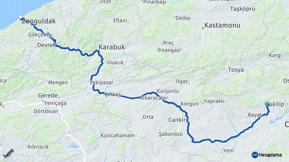 Çorum İskilip Zonguldak Arası Kaç Km - Yol Haritası