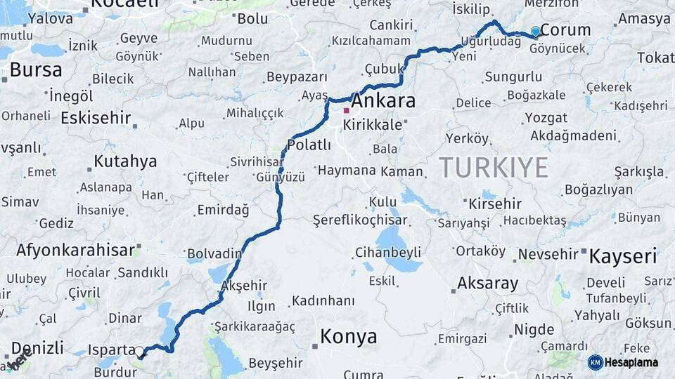 Çorum Isparta Arası Kaç Km - Yol Haritası
