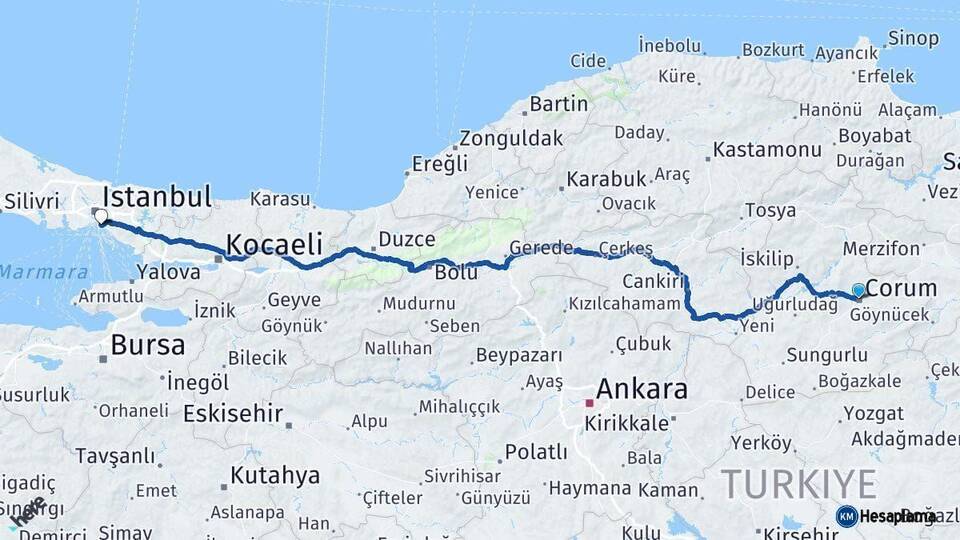 Çorum Kadıköy İstanbul Arası Kaç Km - Yol Haritası