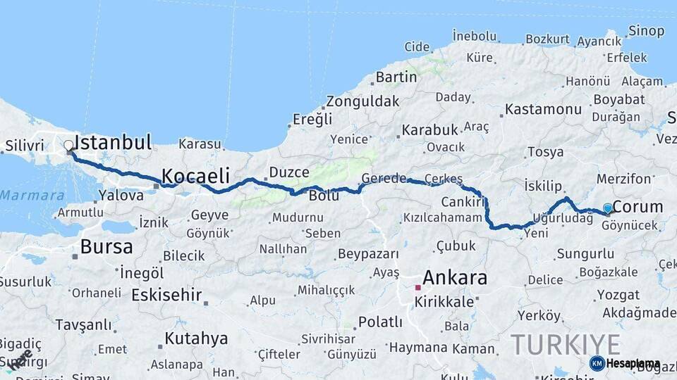 Çorum Kağıthane İstanbul Arası Kaç Km - Yol Haritası