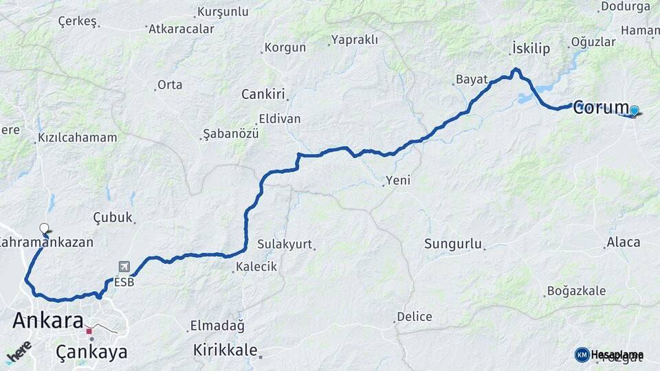 Çorum Kahramankazan Ankara Arası Kaç Km - Yol Haritası