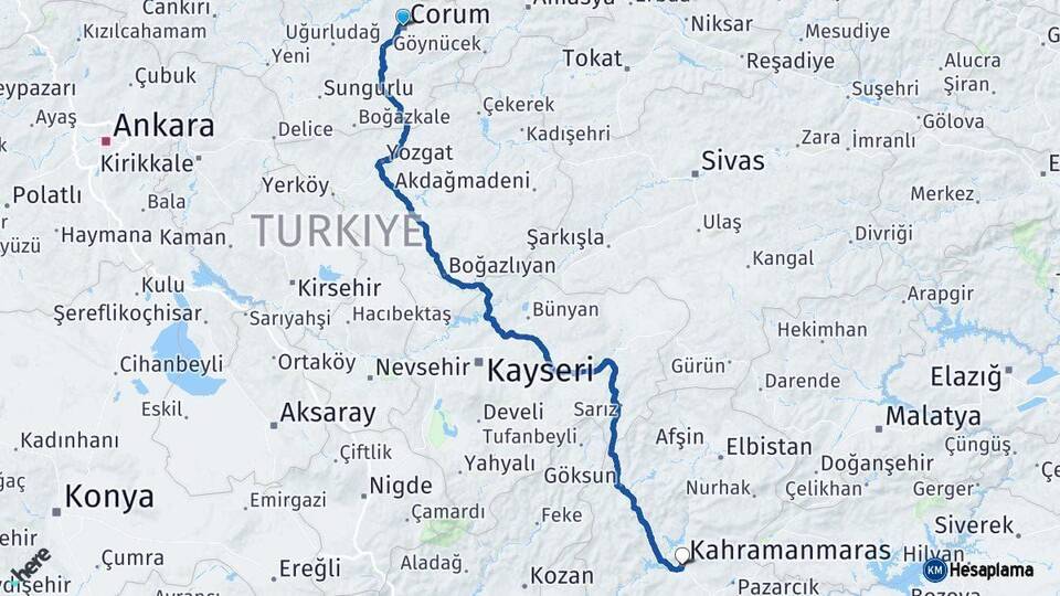 Çorum Kahramanmaraş Arası Kaç Km - Yol Haritası
