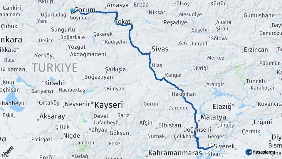 Çorum Kahta Adıyaman Arası Kaç Km - Yol Haritası