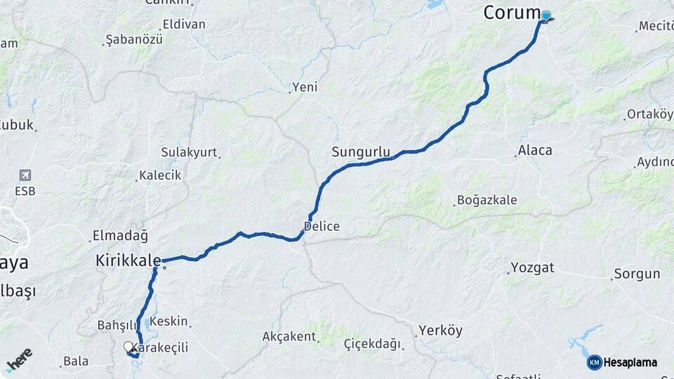 Çorum Karakeçili Kırıkkale Arası Kaç Km - Yol Haritası