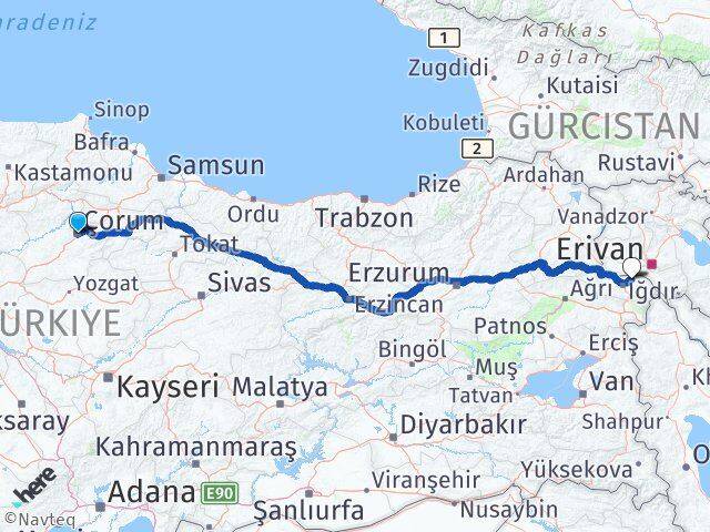 Çorum Karakoyunlu Iğdır Arası Kaç Km - Yol Haritası