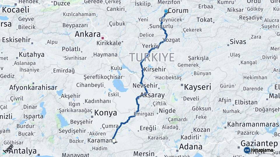 Çorum Karaman Arası Kaç Km - Yol Haritası