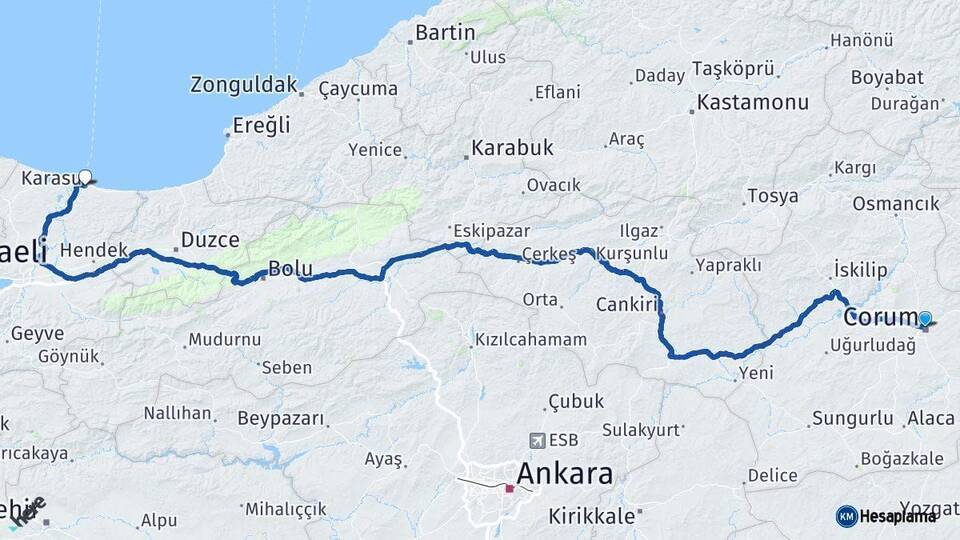 Çorum Karasu Sakarya Arası Kaç Km - Yol Haritası