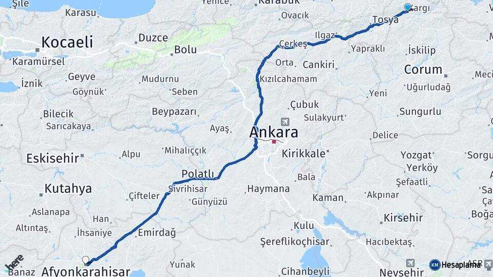 Çorum Kargı Afyonkarahisar Arası Kaç Km - Yol Haritası