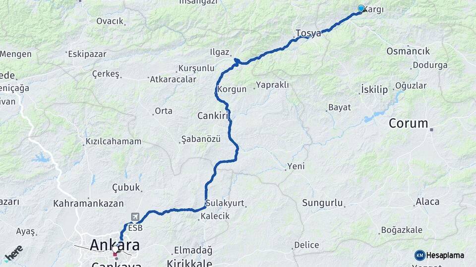 Çorum Kargı Ankara Arası Kaç Km - Yol Haritası