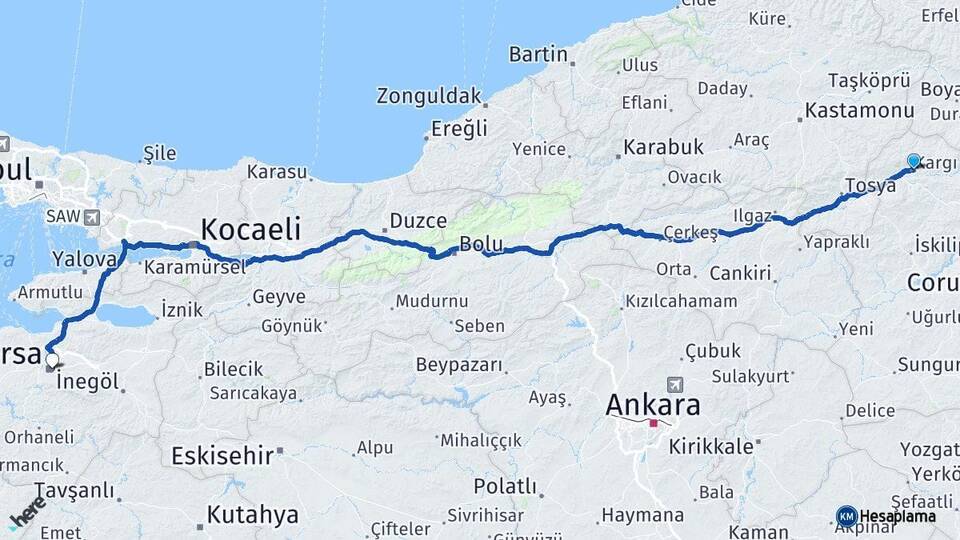 Çorum Kargı Bursa Arası Kaç Km - Yol Haritası