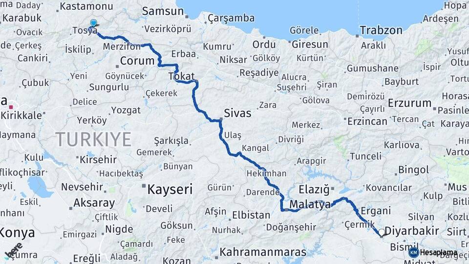 Çorum Kargı Diyarbakır Arası Kaç Km - Yol Haritası