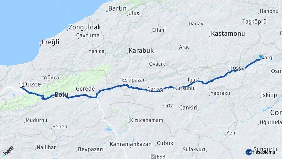 Çorum Kargı Düzce Arası Kaç Km - Yol Haritası