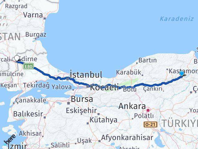 Çorum Kargı Edirne Arası Kaç Km - Yol Haritası