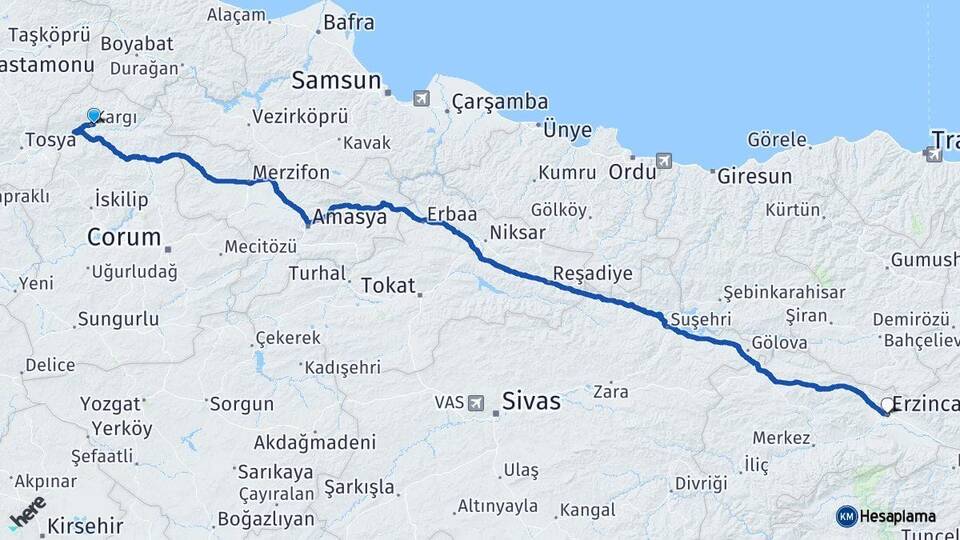 Çorum Kargı Erzincan Arası Kaç Km - Yol Haritası