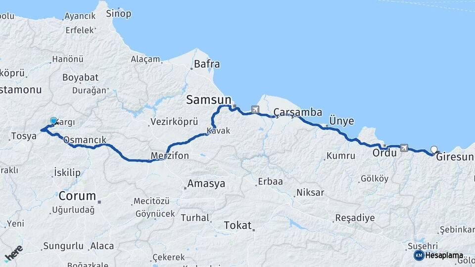 Çorum Kargı Giresun Arası Kaç Km - Yol Haritası
