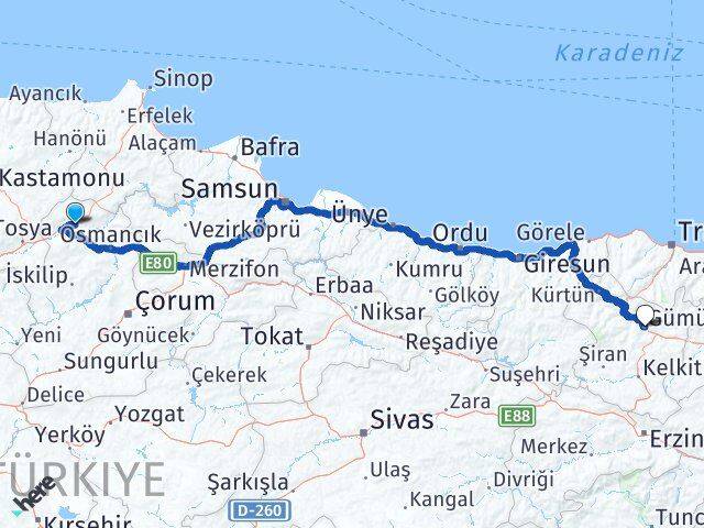 Çorum Kargı Gümüşhane Arası Kaç Km - Yol Haritası