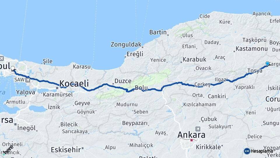 Çorum Kargı İstanbul Arası Kaç Km - Yol Haritası