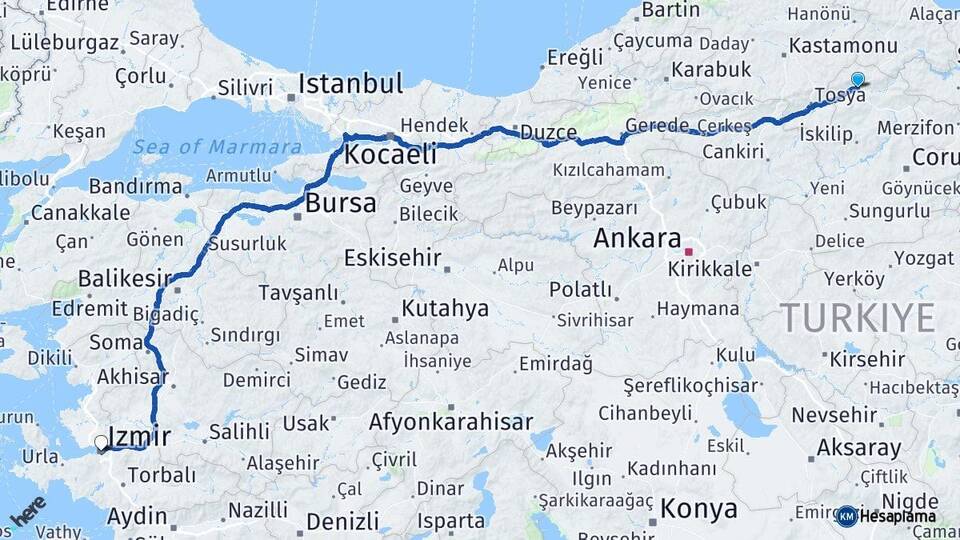 Çorum Kargı İzmir Arası Kaç Km - Yol Haritası