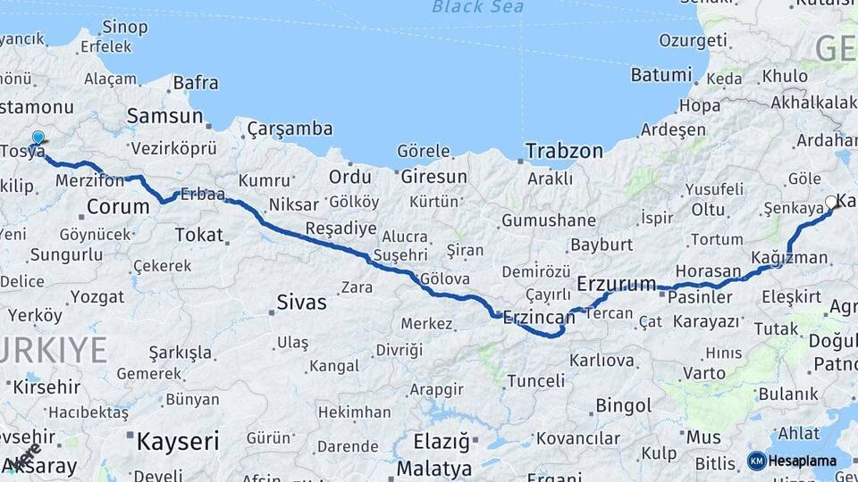 Çorum Kargı Kars Arası Kaç Km - Yol Haritası