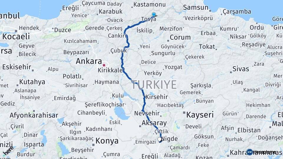 Çorum Kargı Niğde Arası Kaç Km - Yol Haritası