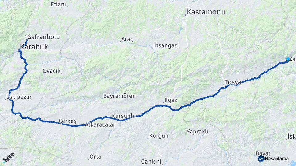 Çorum Kargı Safranbolu Karabük Arası Kaç Km - Yol Haritası
