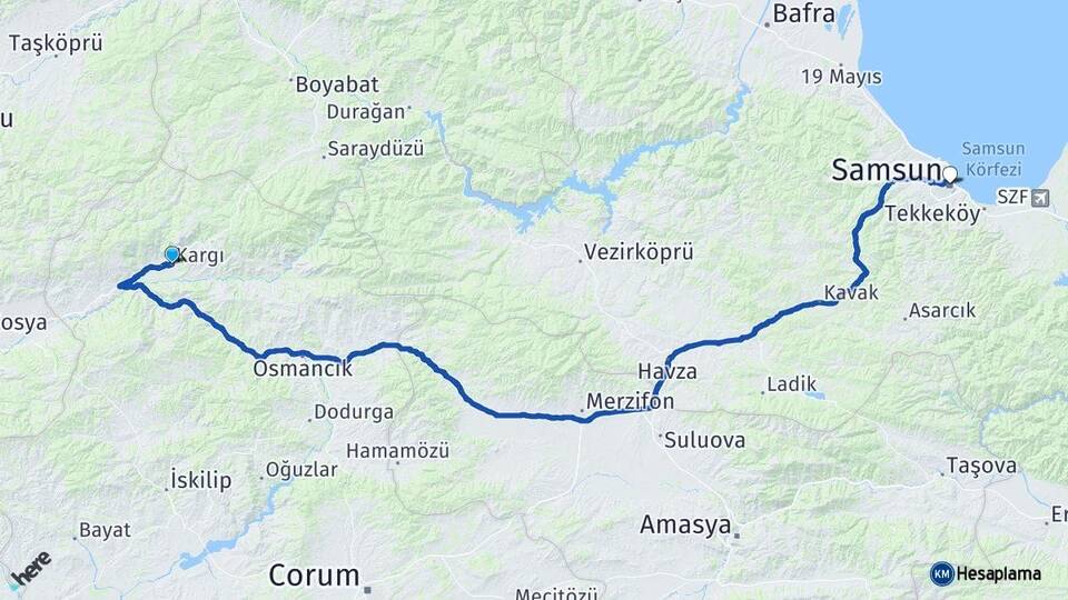 Çorum Kargı Samsun Arası Kaç Km - Yol Haritası