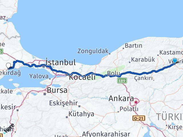 Çorum Kargı Tekirdağ Arası Kaç Km - Yol Haritası