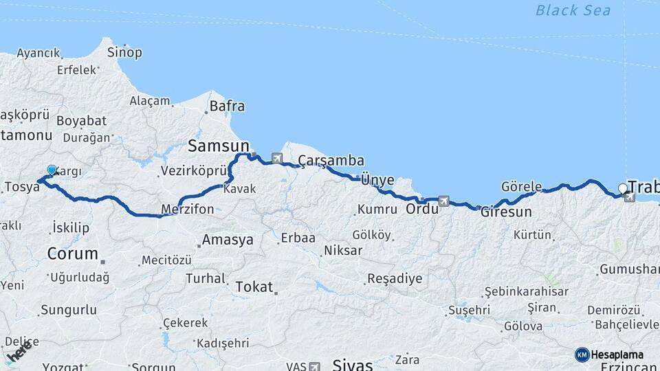 Çorum Kargı Trabzon Arası Kaç Km - Yol Haritası