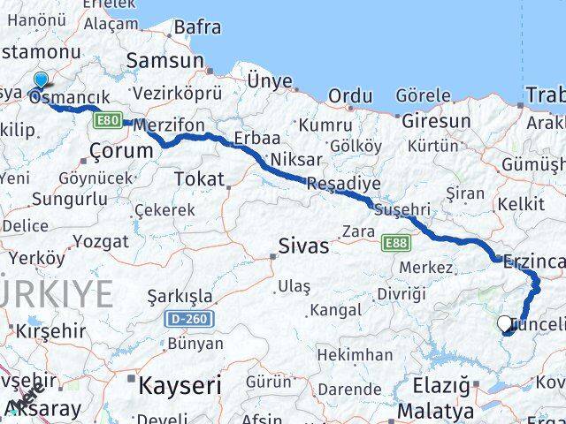 Çorum Kargı Tunceli Arası Kaç Km - Yol Haritası