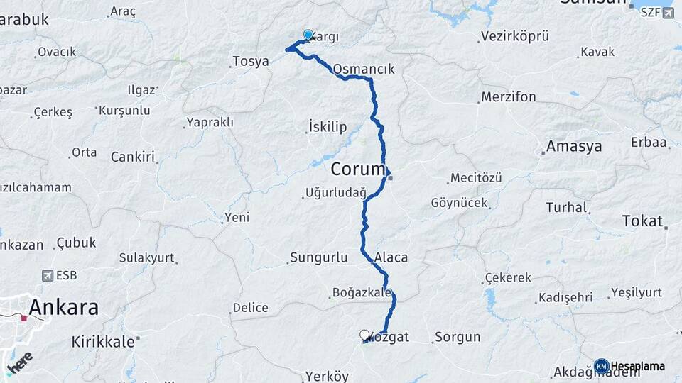 Çorum Kargı Yozgat Arası Kaç Km - Yol Haritası