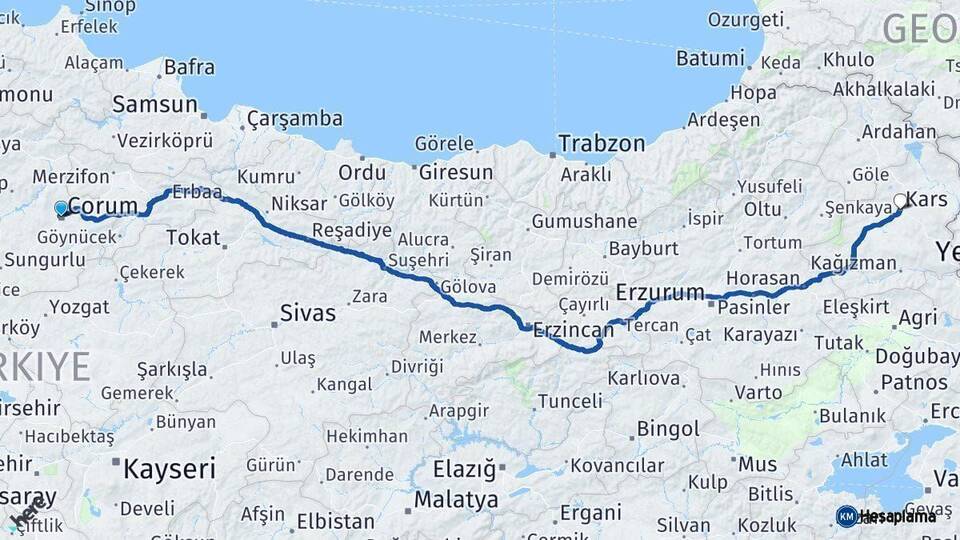 Çorum Kars Arası Kaç Km - Yol Haritası