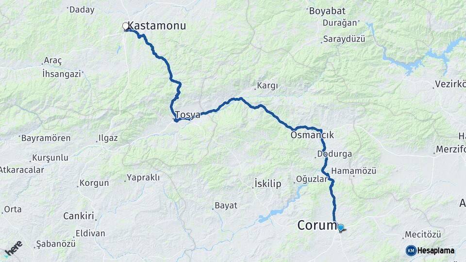 Çorum Kastamonu Arası Kaç Km - Yol Haritası