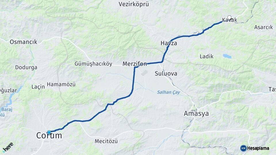 Çorum Kavak Samsun Arası Kaç Km - Yol Haritası