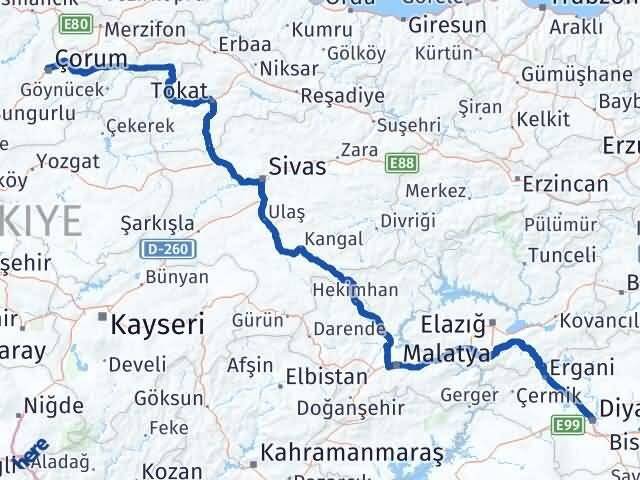 Çorum Kayapınar Diyarbakır Arası Kaç Km - Yol Haritası