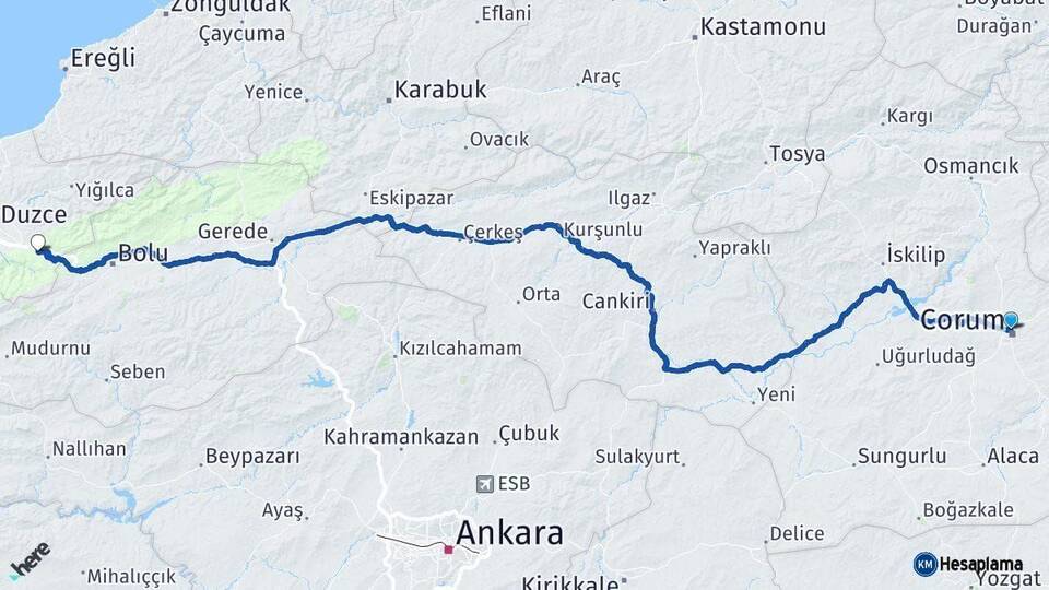 Çorum Kaynaşlı Düzce Arası Kaç Km - Yol Haritası