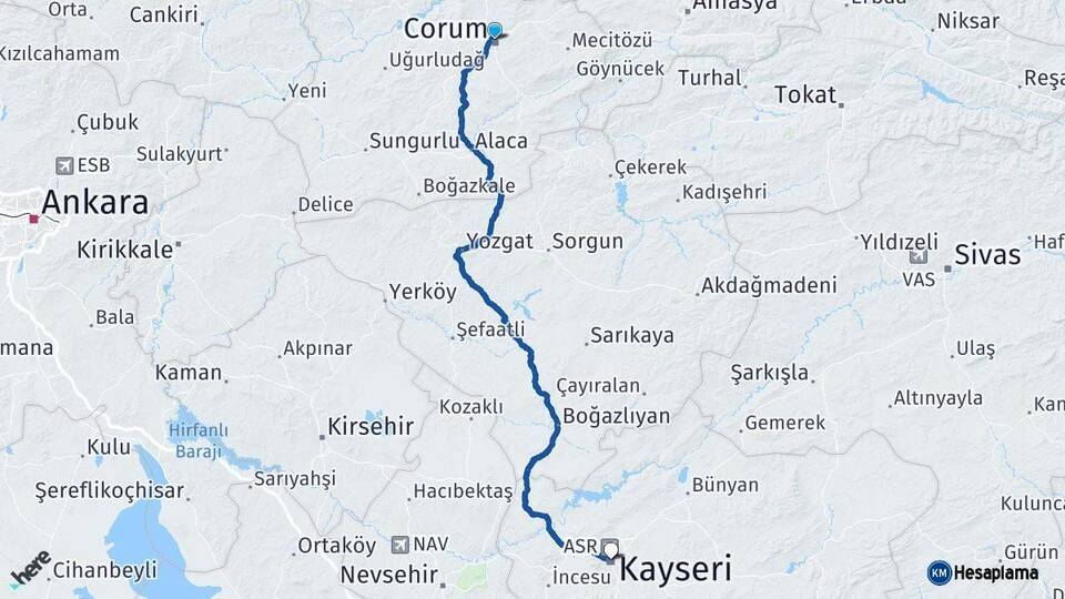 Çorum Kayseri Arası Kaç Km - Yol Haritası