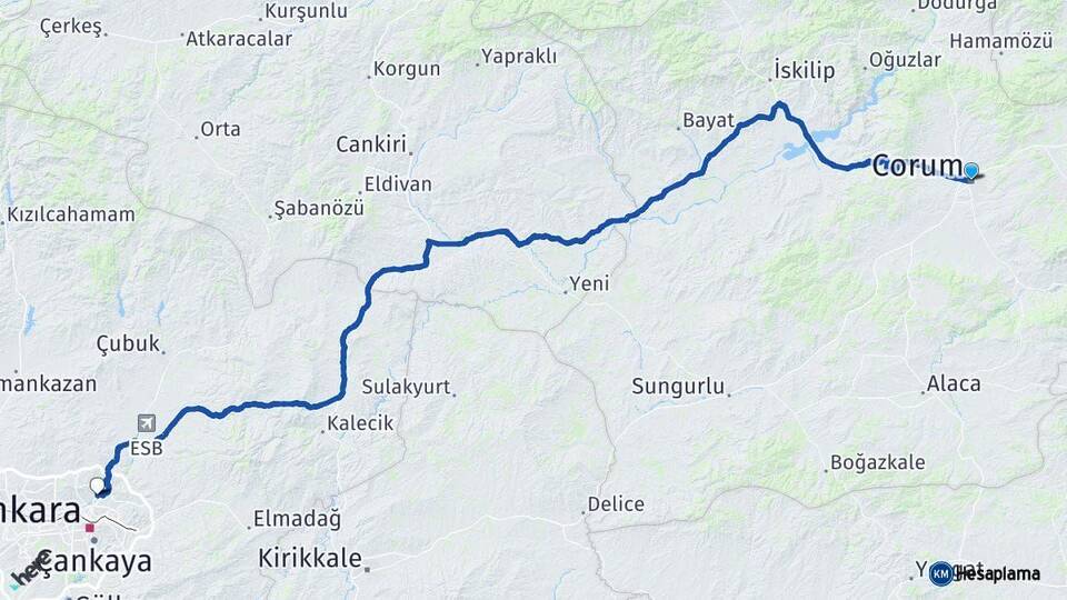 Çorum Keçiören Ankara Arası Kaç Km - Yol Haritası