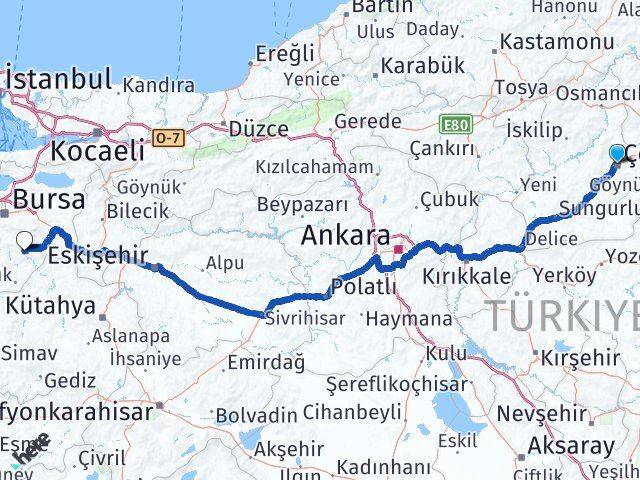 Çorum Keles Bursa Arası Kaç Km - Yol Haritası