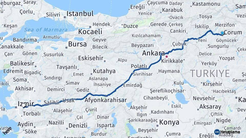 Çorum Kemalpaşa İzmir Arası Kaç Km - Yol Haritası