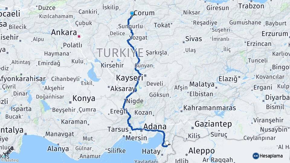 Çorum Kırıkhan Hatay Arası Kaç Km - Yol Haritası