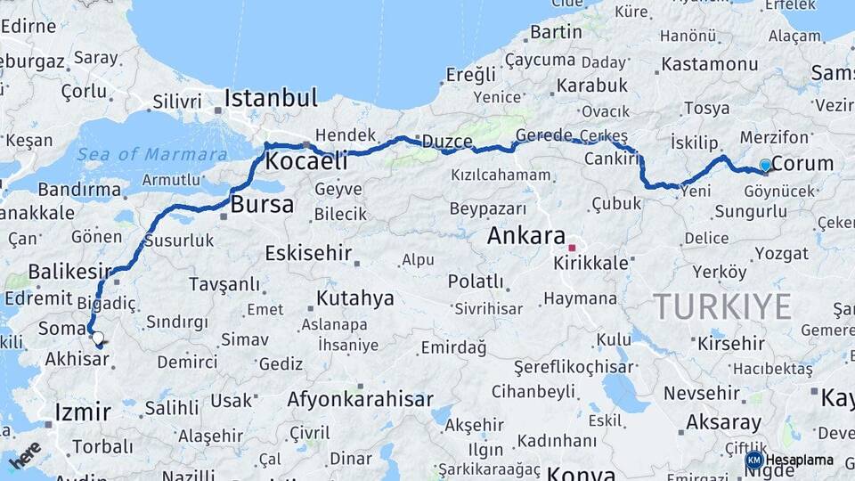 Çorum Kırkağaç Manisa Arası Kaç Km - Yol Haritası