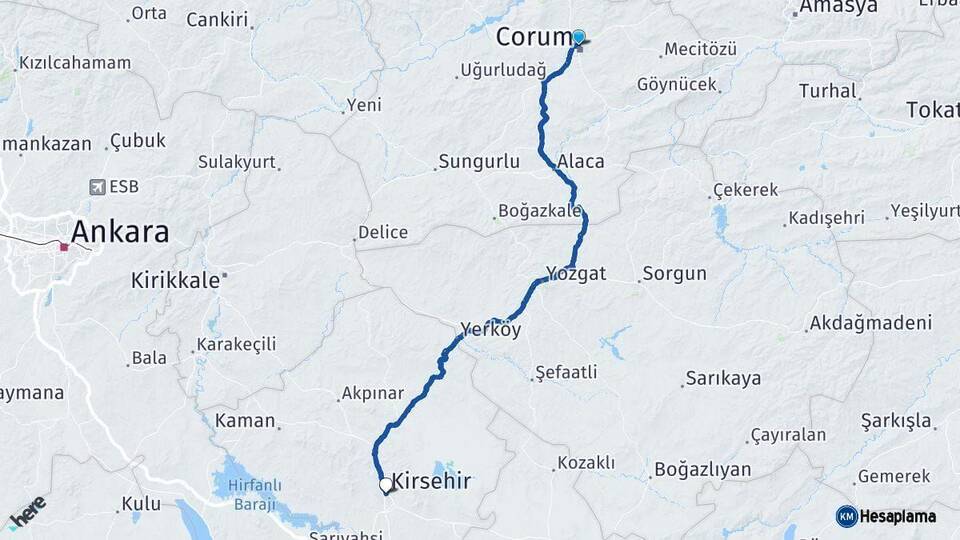 Çorum Kırşehir Arası Kaç Km - Yol Haritası
