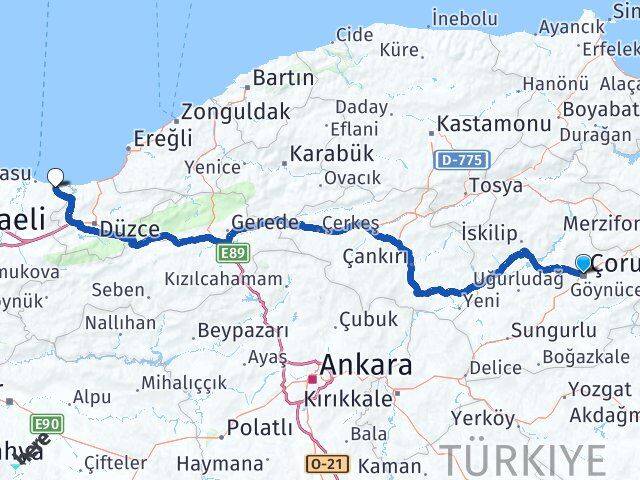 Çorum Kocaali Sakarya Arası Kaç Km - Yol Haritası