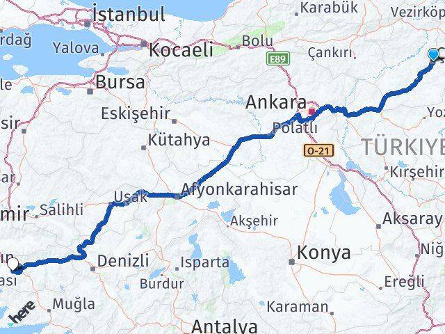 Çorum Koçarlı Aydın Arası Kaç Km - Yol Haritası