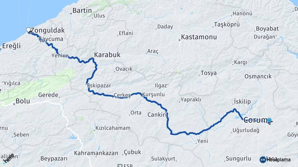 Çorum Koparan Arası Kaç Km - Yol Haritası