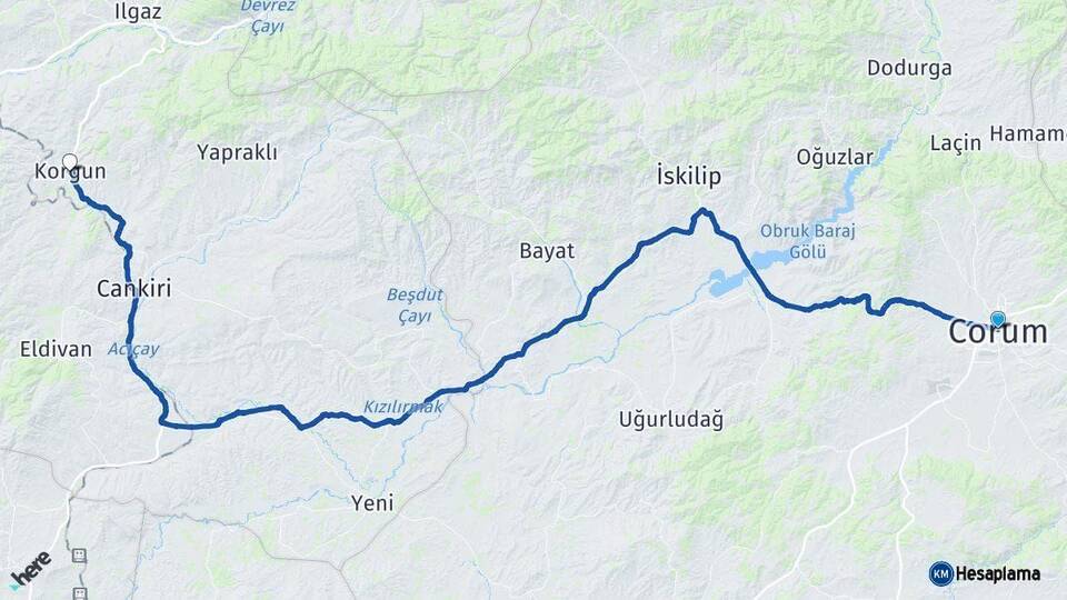 Çorum Korgun Çankırı Arası Kaç Km - Yol Haritası