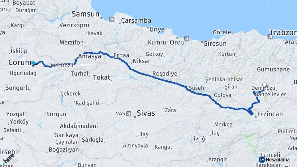Çorum Köse Gümüşhane Arası Kaç Km - Yol Haritası