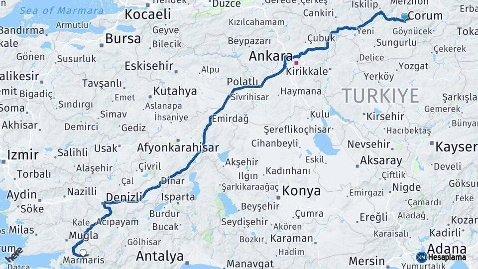 Çorum Köyceğiz Arası Kaç Km - Yol Tarifi