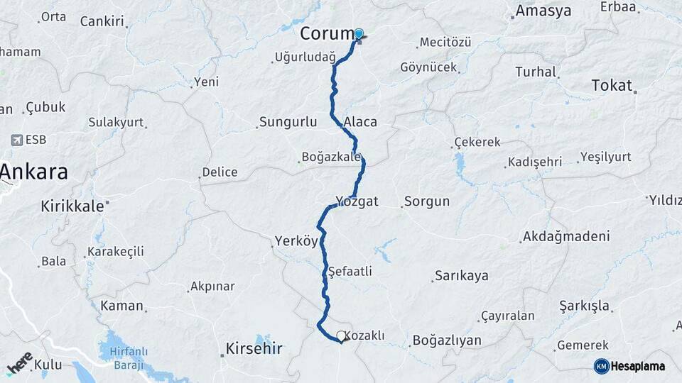 Çorum Kozaklı Nevşehir Arası Kaç Km - Yol Haritası